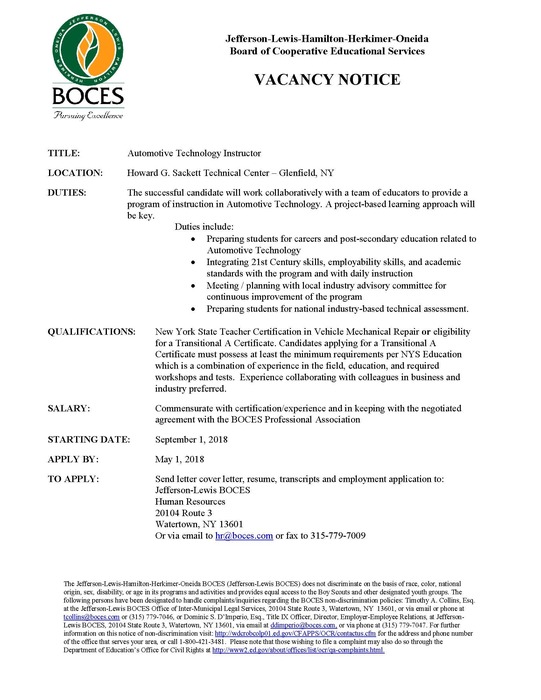 Automotive Technology Instructor Vacancy Notice 