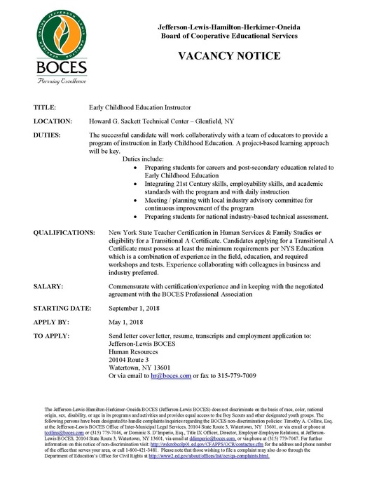 Early Childhood Education vacancy notice 